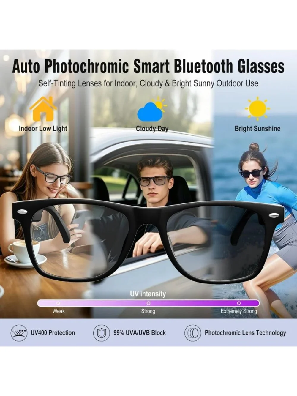 Audio Photochromic Smart Glasses for Men & Women - Translation & Music Features